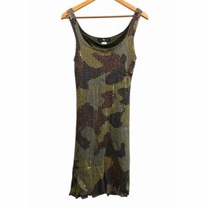RARE Vintage Sue Wong Dress Womens L Camouflage Sequin Beaded Sleeveless Midi